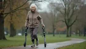 Senior woman with walking supports