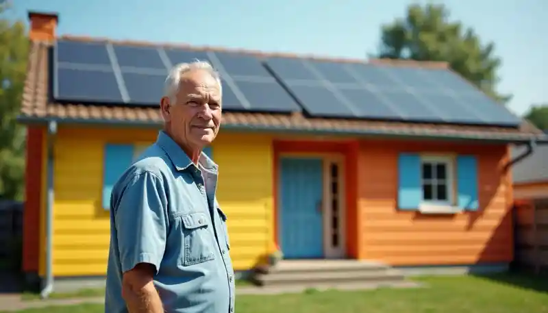 Man standing with his home with solar panels
