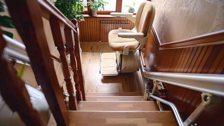 stair lift at the bottom of stairs in home.