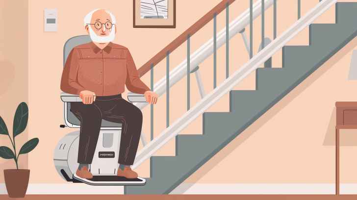 graphic of a senior with a stairlift in home