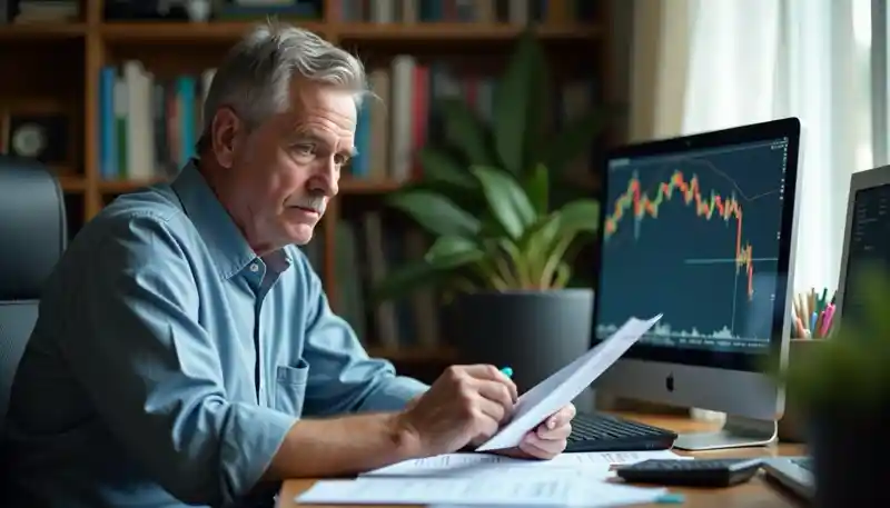 a man sitting at a desk with a computer and a paper