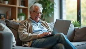 man happily using computer