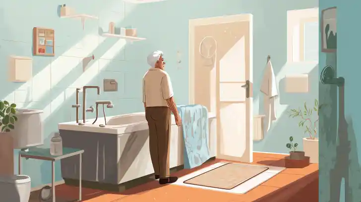 an elderly person stands in his bathroom next to bathtub