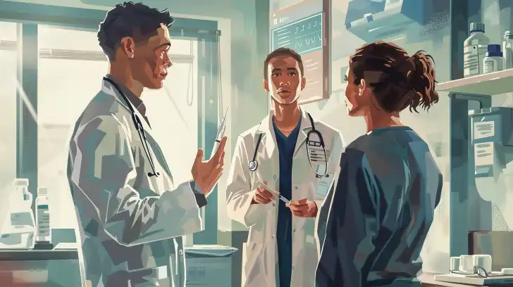 A doctor holding a syringe and gesturing toward a patient who is standing and looking hopeful.