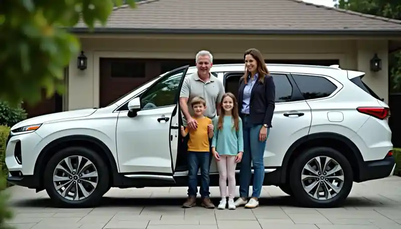 a family standing in front of a car