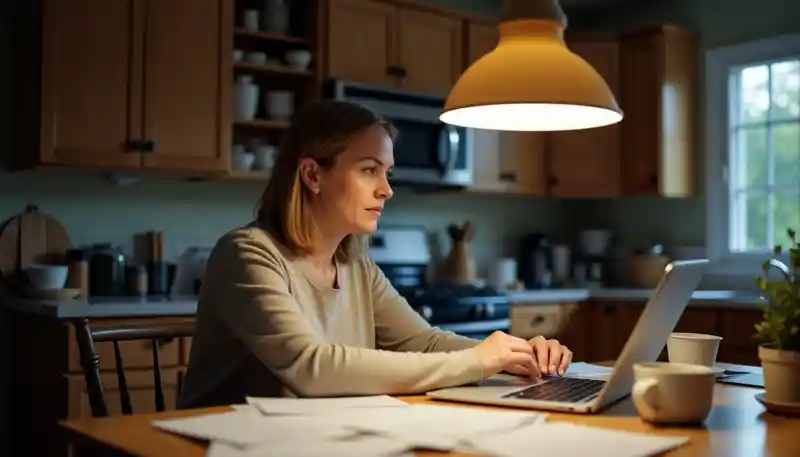 woman looking at her computer on the kitchen table