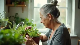 Woman looking at her home garden plants