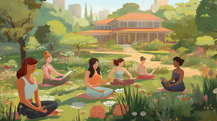 A diverse group practicing yoga in a tranquil garden setting.